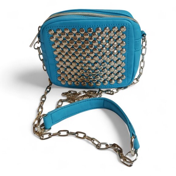 XL Aqua Blue Vegan Studded Crossbody Bag – Square Mini Purse w/ Chain Strap NWOT - Picture 3 of 12